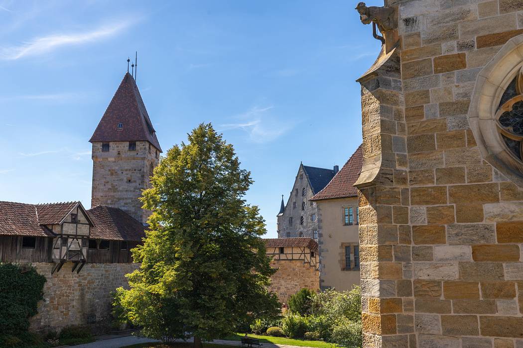 A photo historical castle Veste Coburg with tower and protective wall