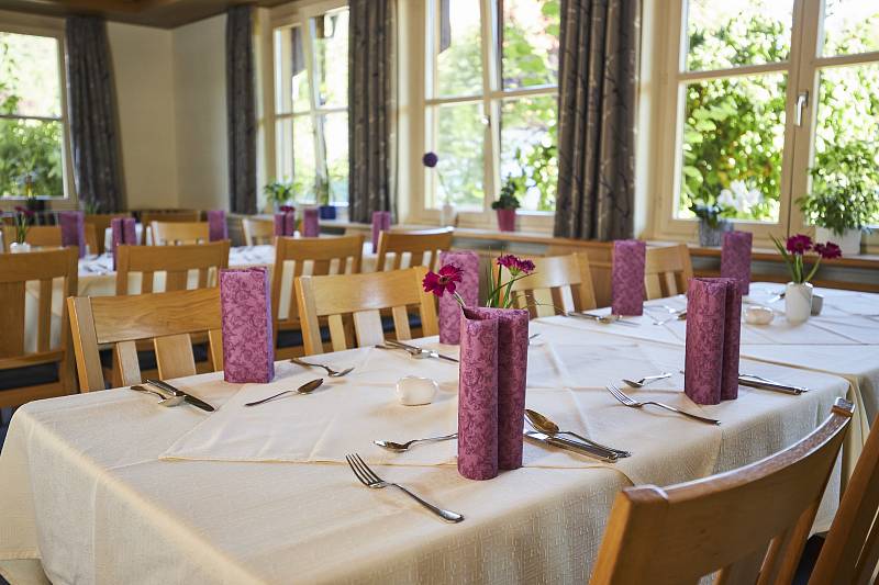 Festlich eingedeckter Tisch mit lilafarbenen Servietten
