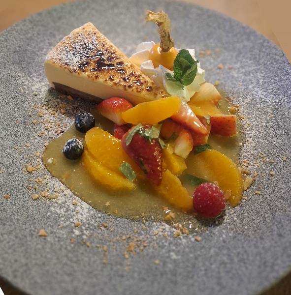 Caramelised lemon and mascarpone parfait with an orange and strawberry salad