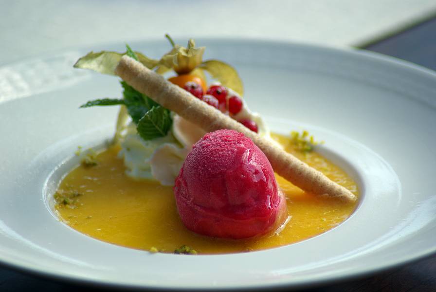 Caramelised lemon and mascarpone parfait with an orange and strawberry salad